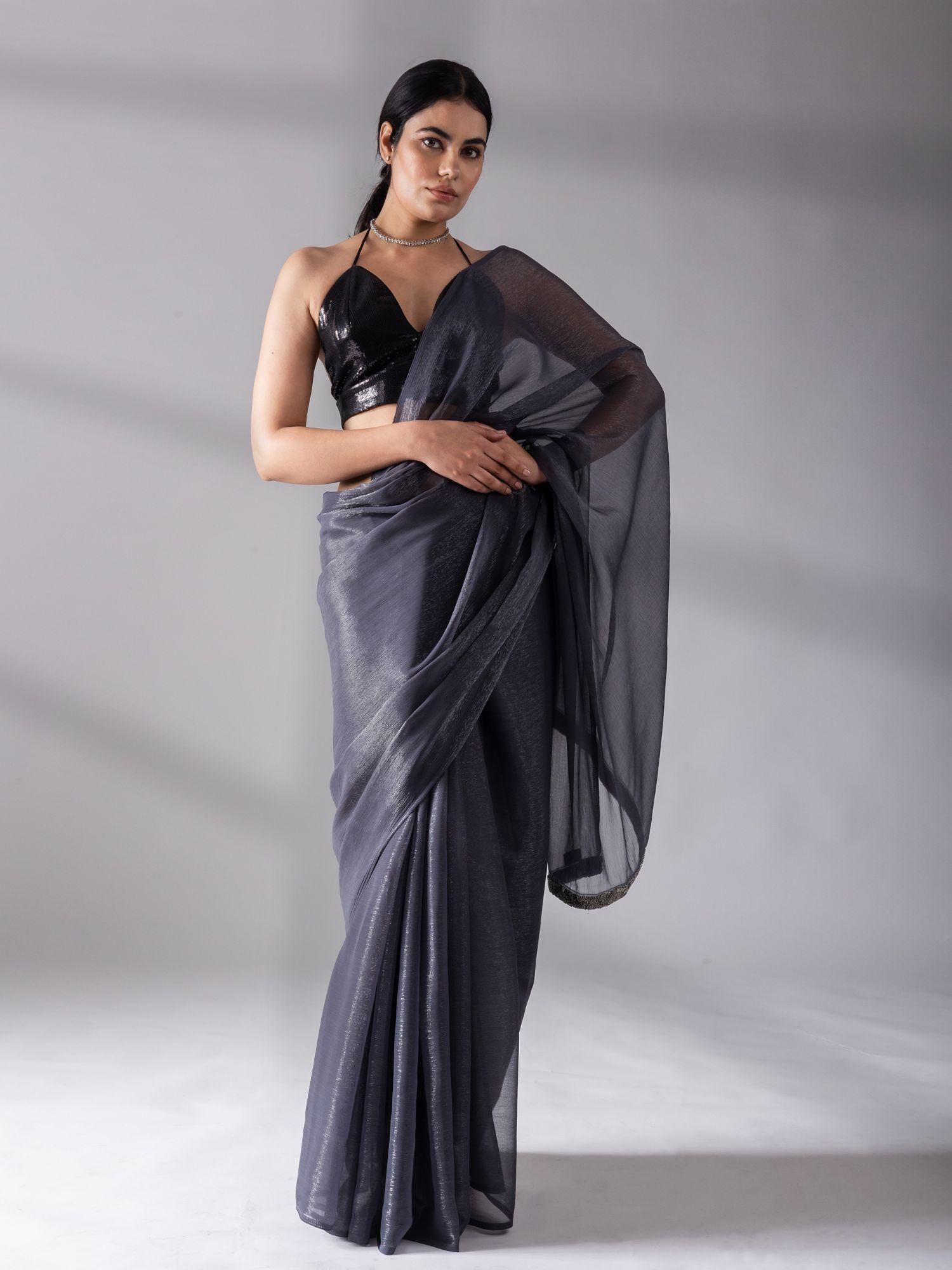 dual shade grey glitter silver chiffon saree without blouse