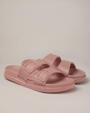 dual-strap slip-on sandals with buckle accent