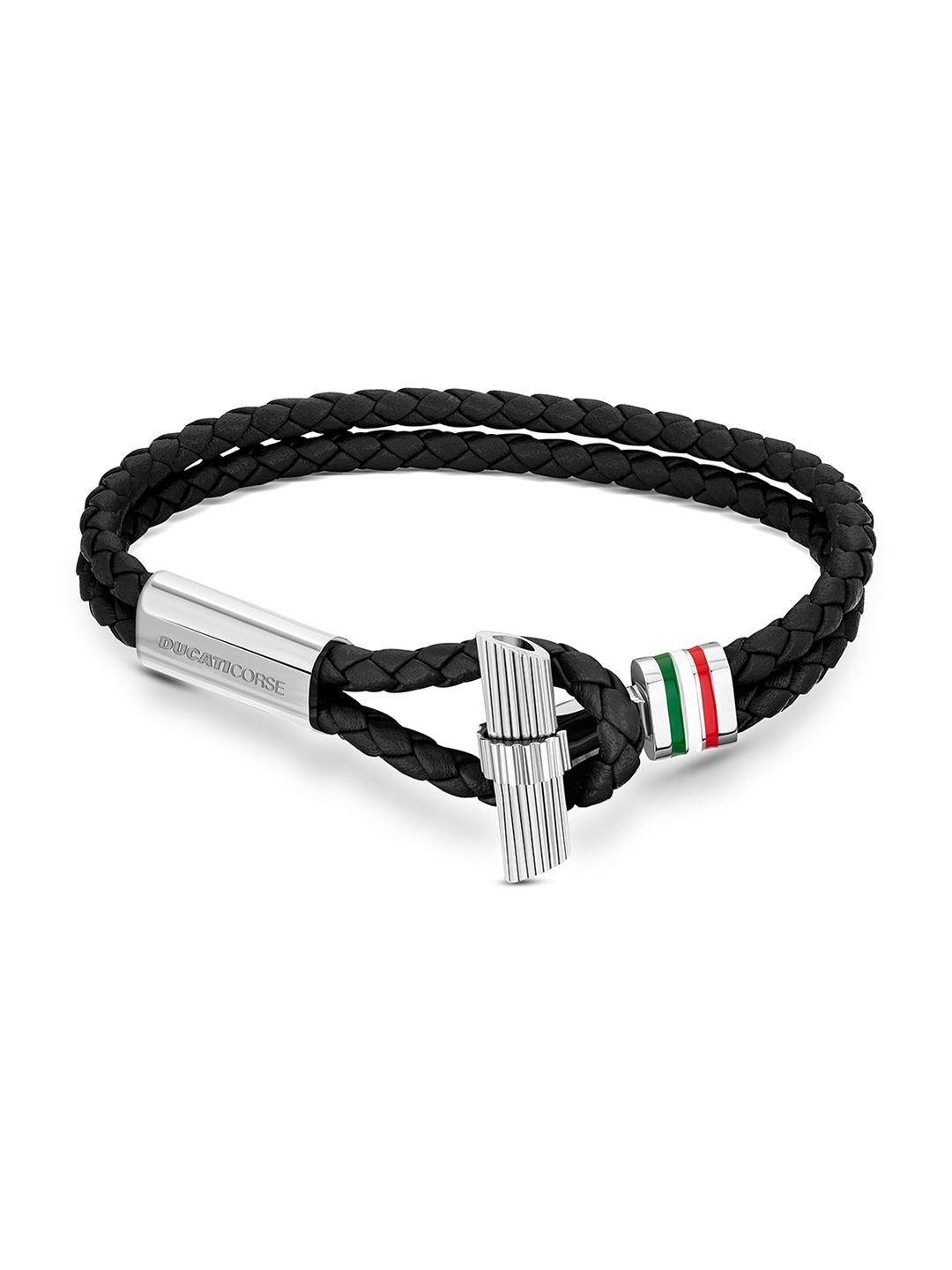 ducati corse men black & silver-toned leather cuff bracelet