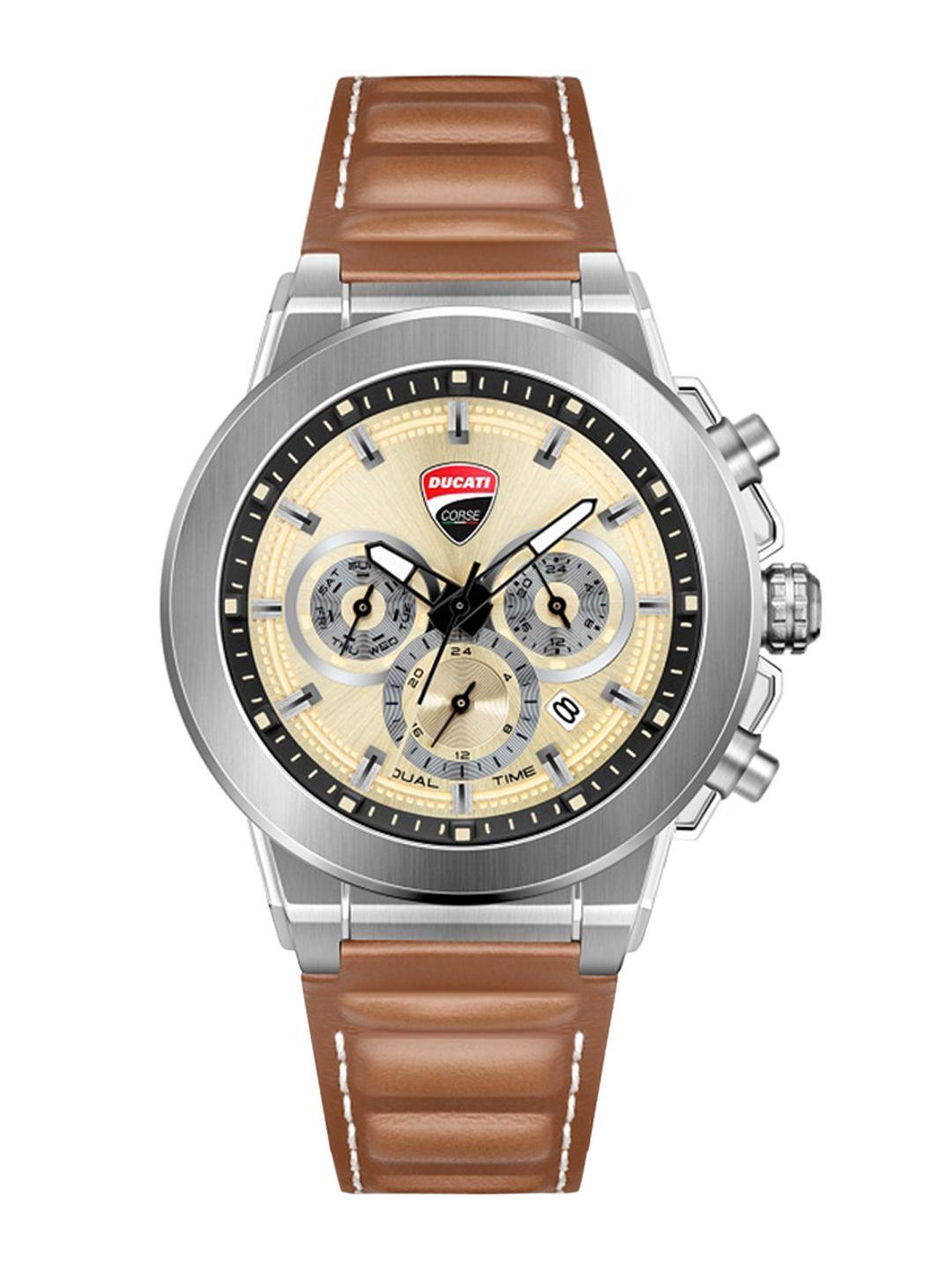 ducati corse men beige printed dial & brown leather bracelet style straps analogue watch