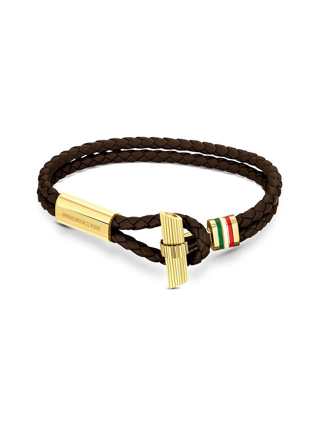 ducati corse men brown & gold-toned leather braided bracelet