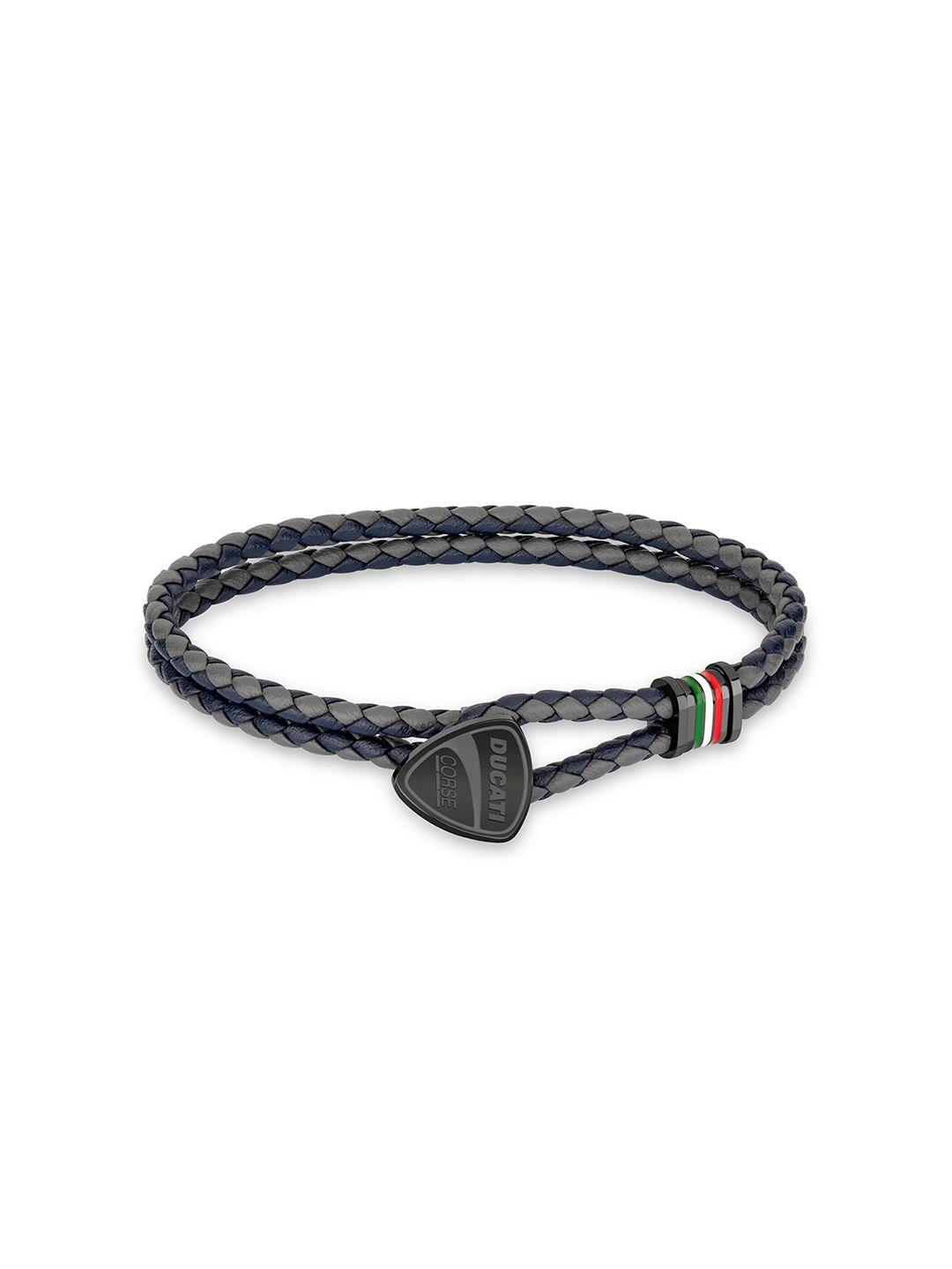 ducati corse men grey & navy blue leather braided bracelet