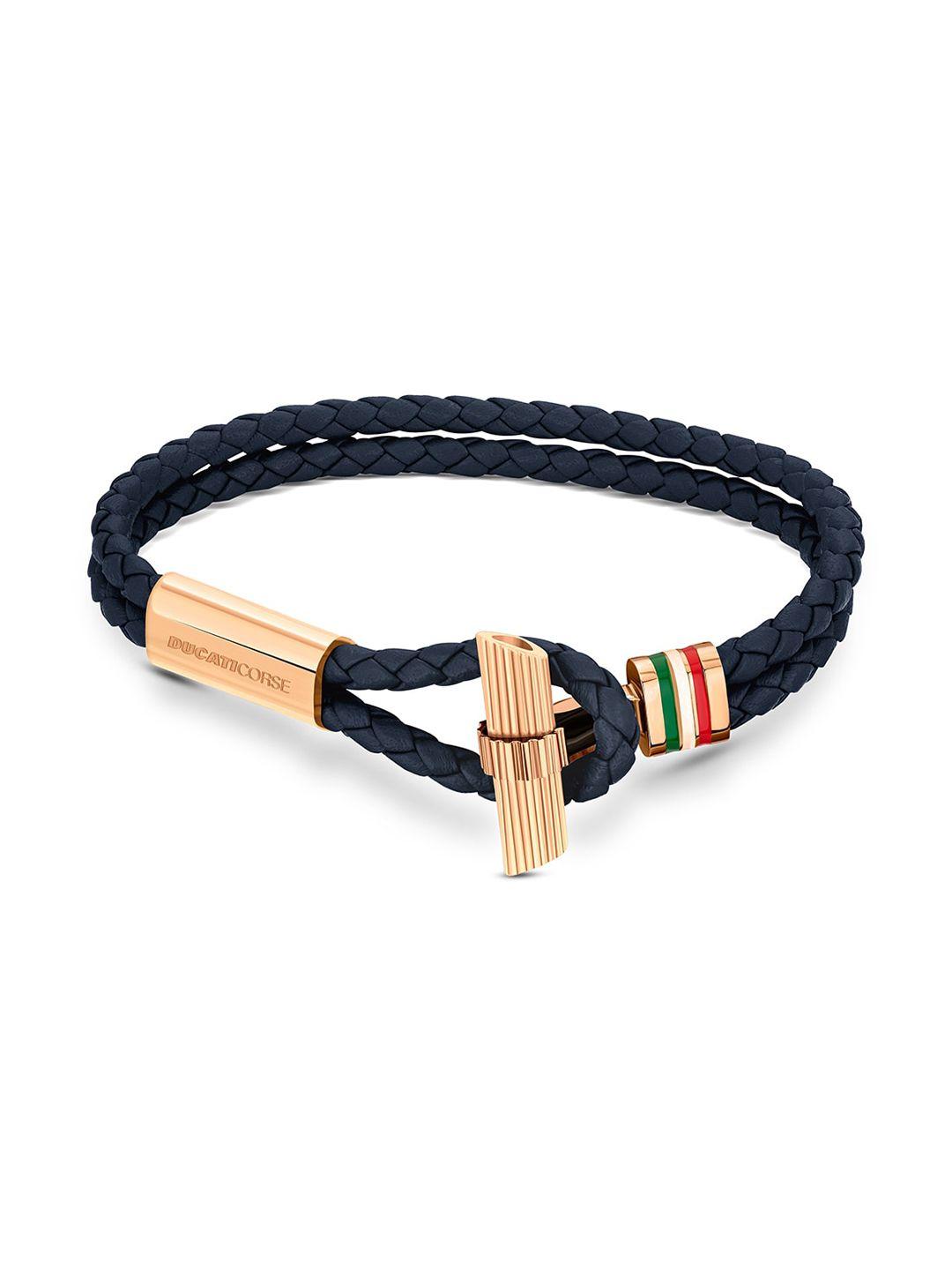 ducati corse men navy blue & gold-toned leather braided bracelet