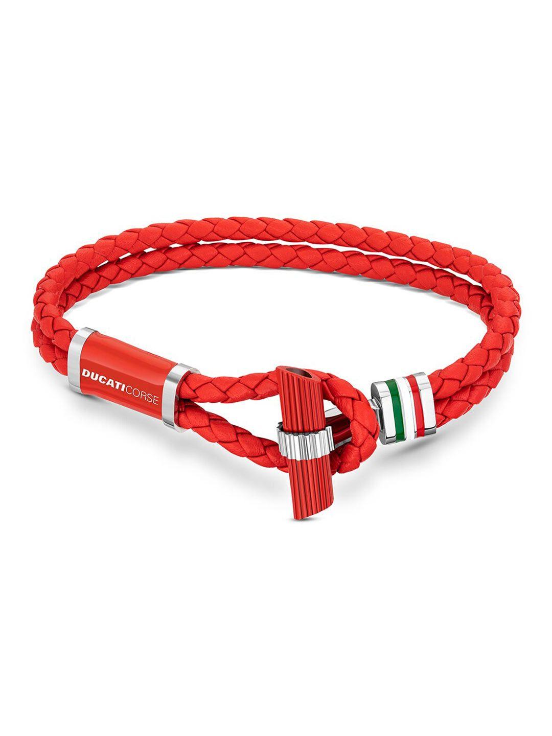 ducati corse men red & silver-toned leather braided bracelet