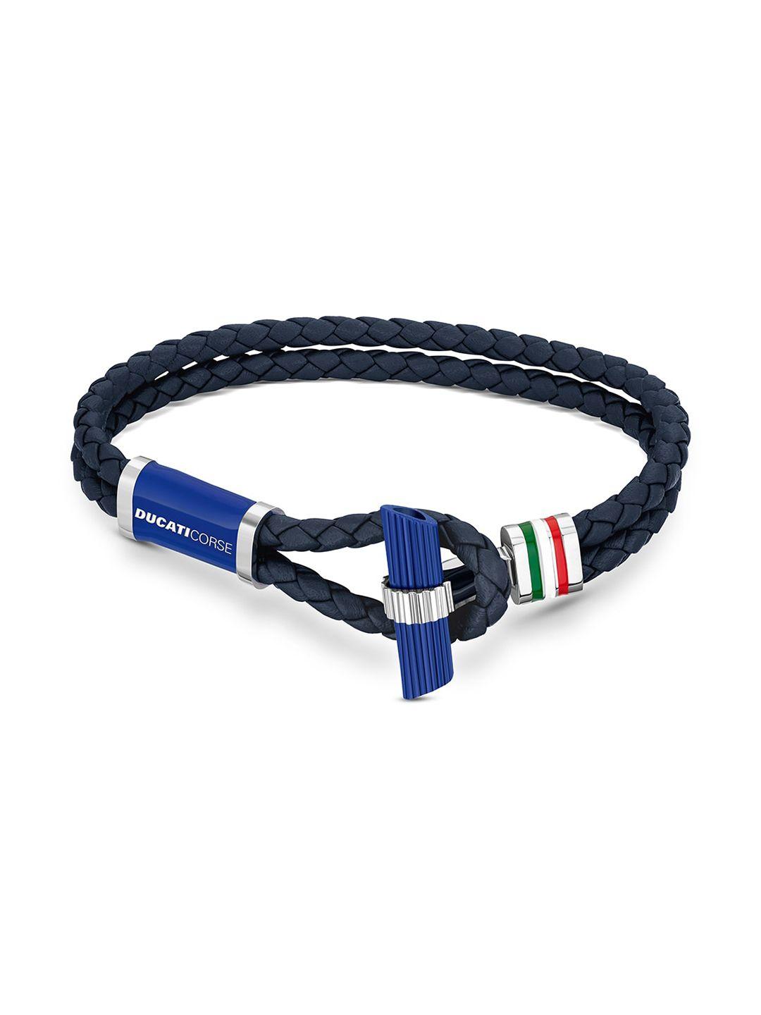 ducati corse men silver-toned & blue leather bracelet