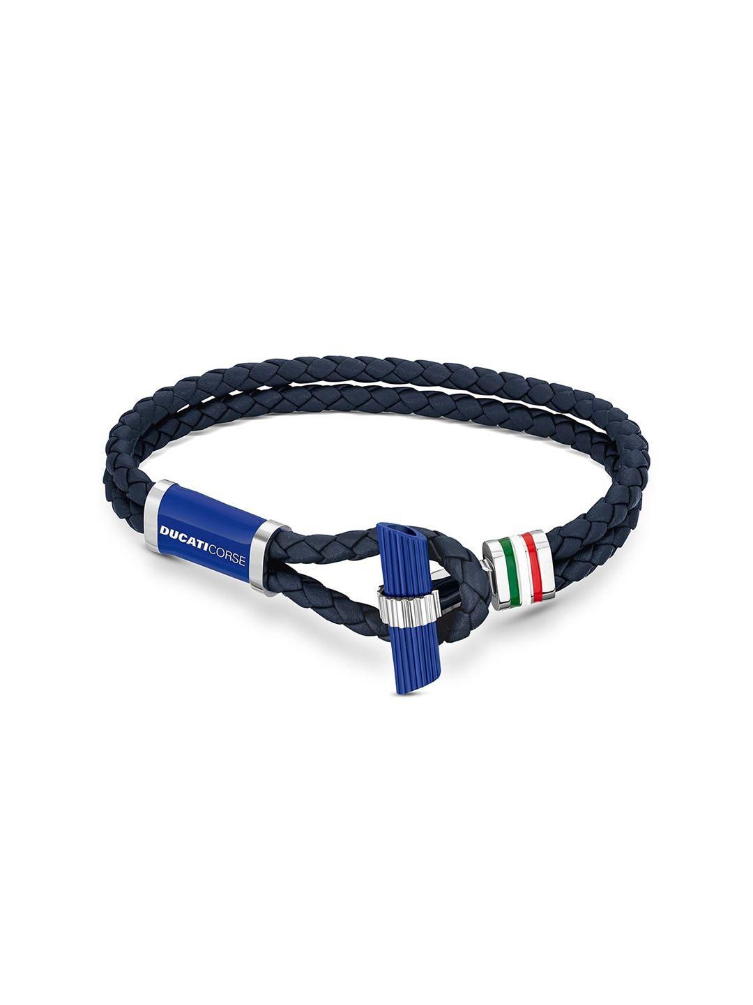 ducati corse men silver-toned & blue leather braided bracelet