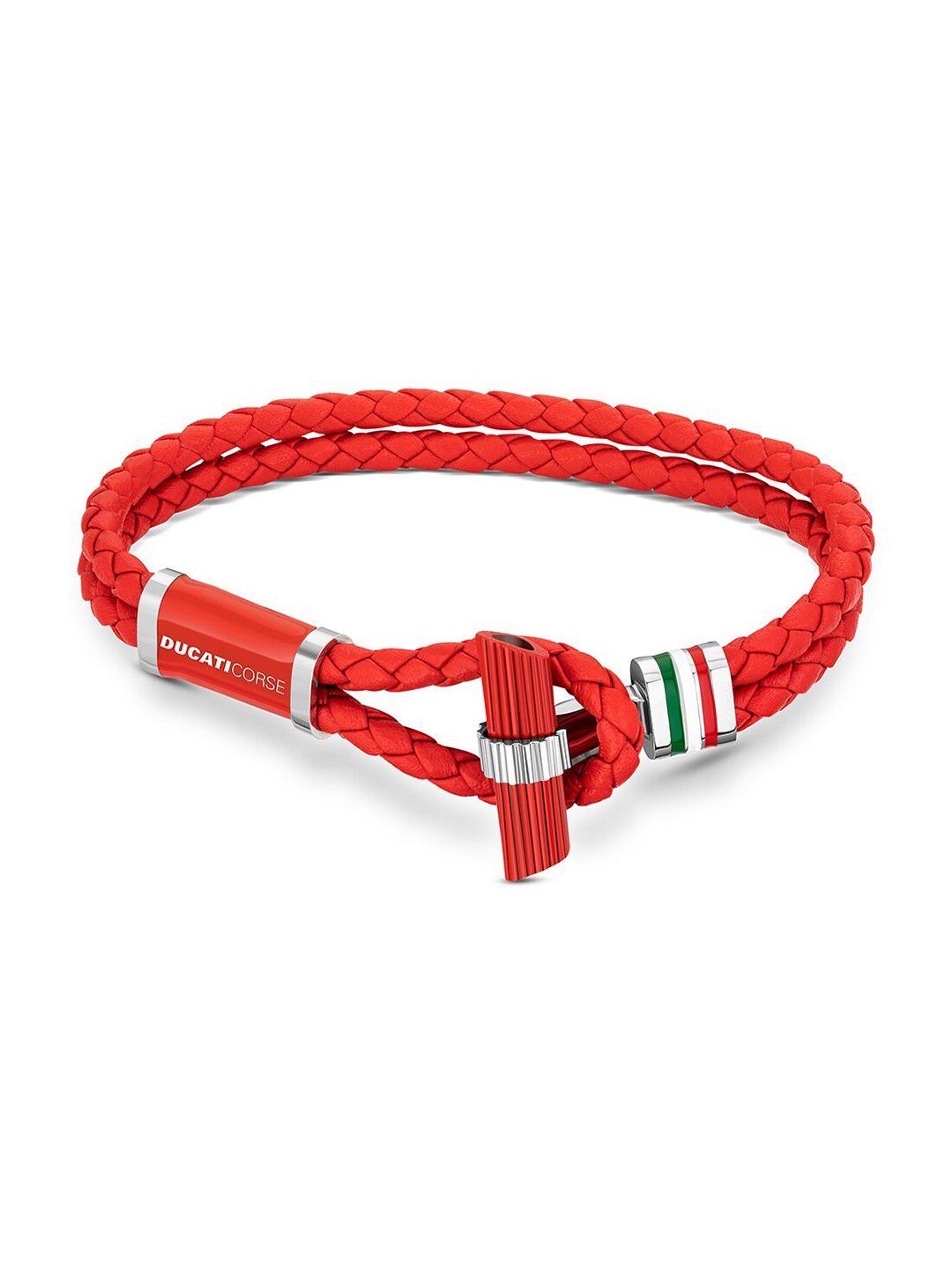 ducati corse men silver-toned & red leather wraparound bracelet