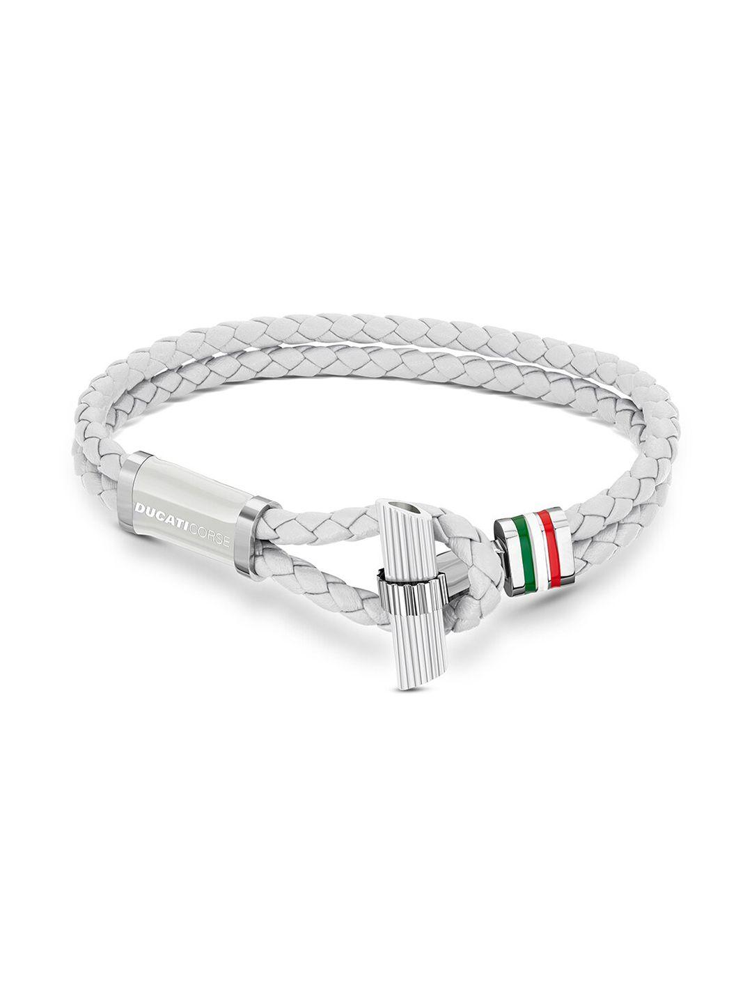 ducati corse men white & silver-toned leather braided bracelet