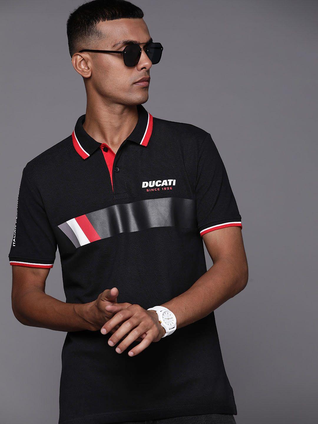 ducati men black & white pure cotton striped polo collar t-shirt