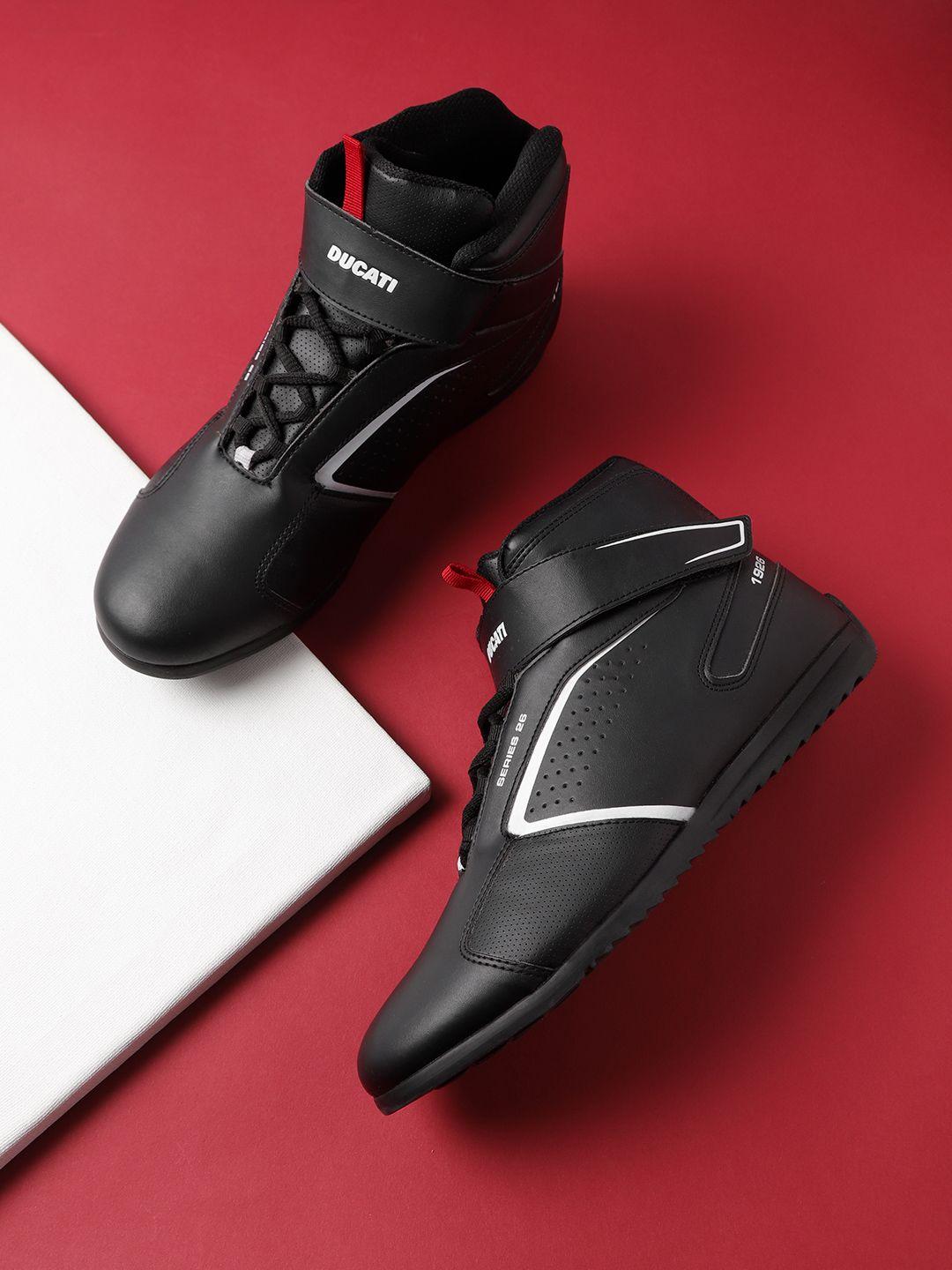 ducati men black & white solid mid-top perforated brand logo print sneakers