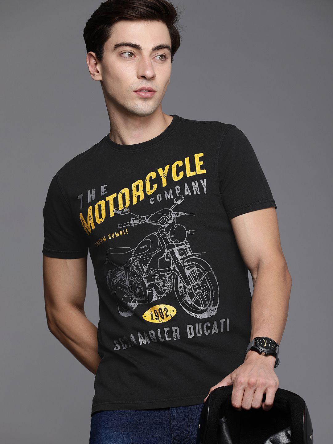 ducati men black & yellow biker printed pure cotton t-shirt
