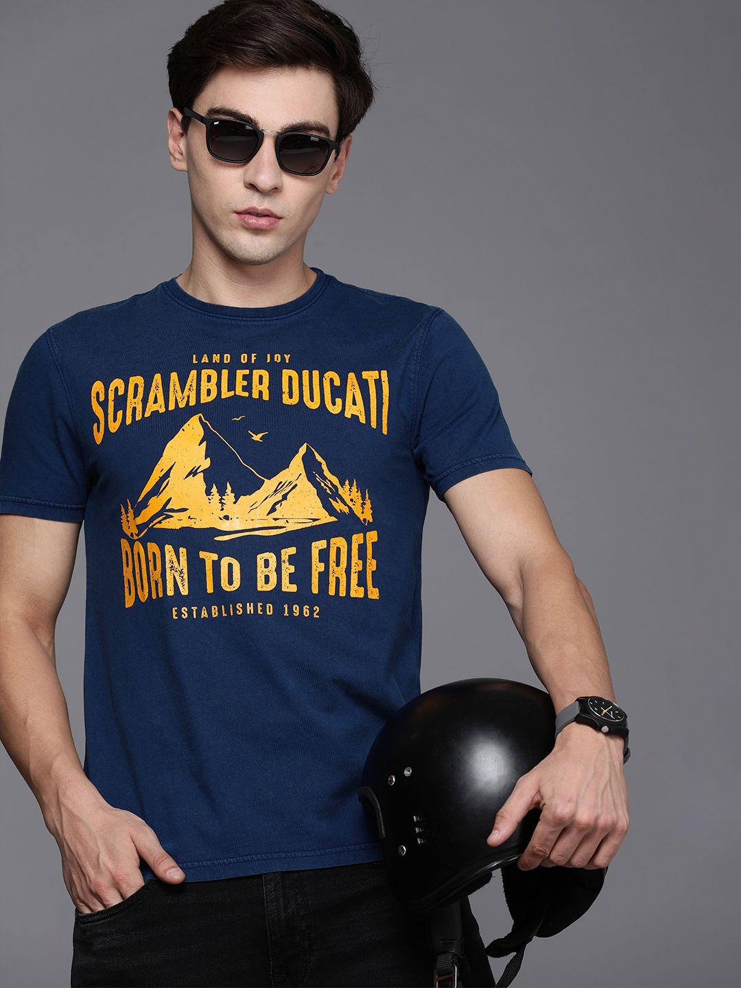 ducati men blue & yellow typography printed pure cotton t-shirt