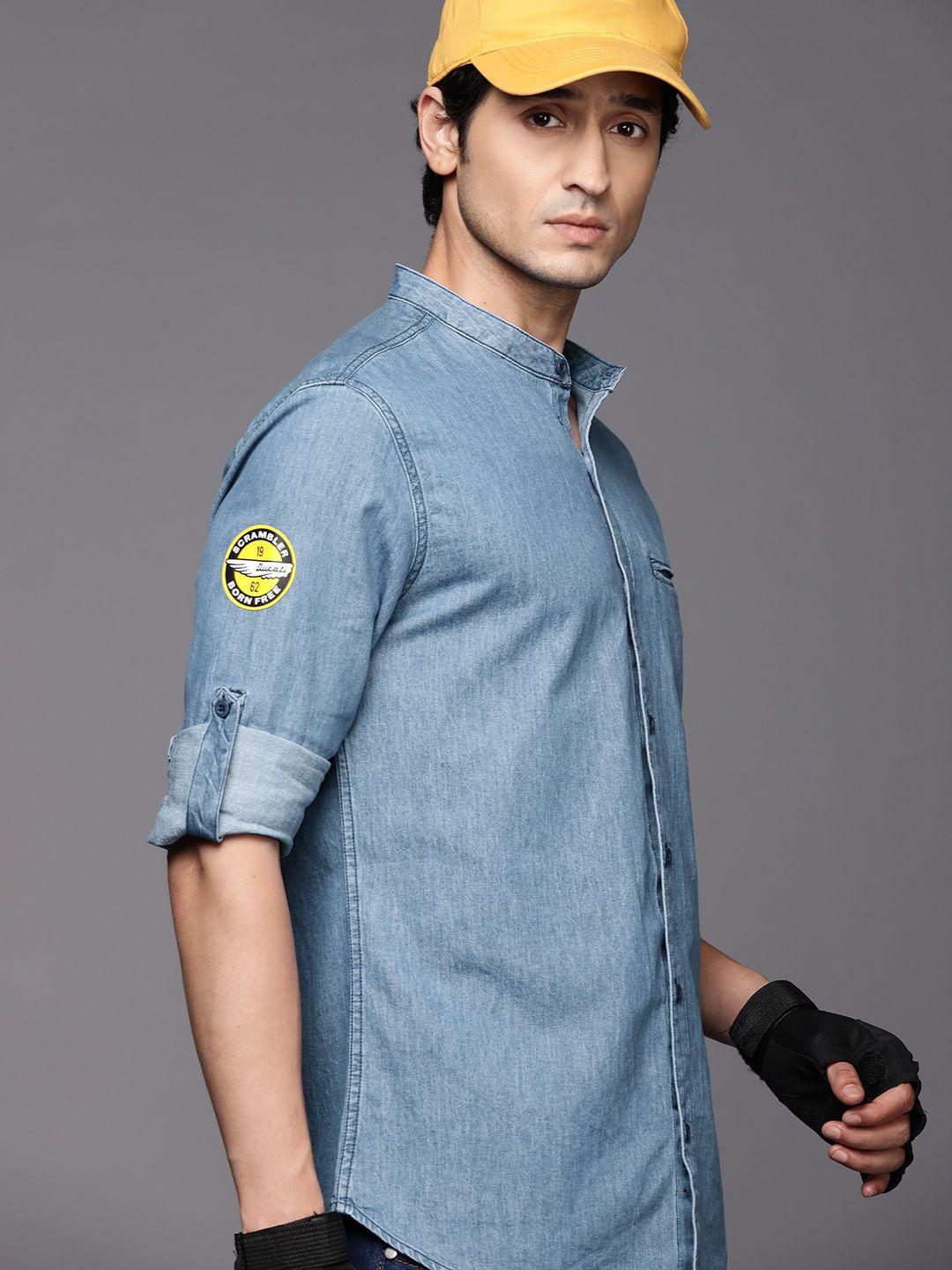 ducati men blue slim fit denim casual shirt