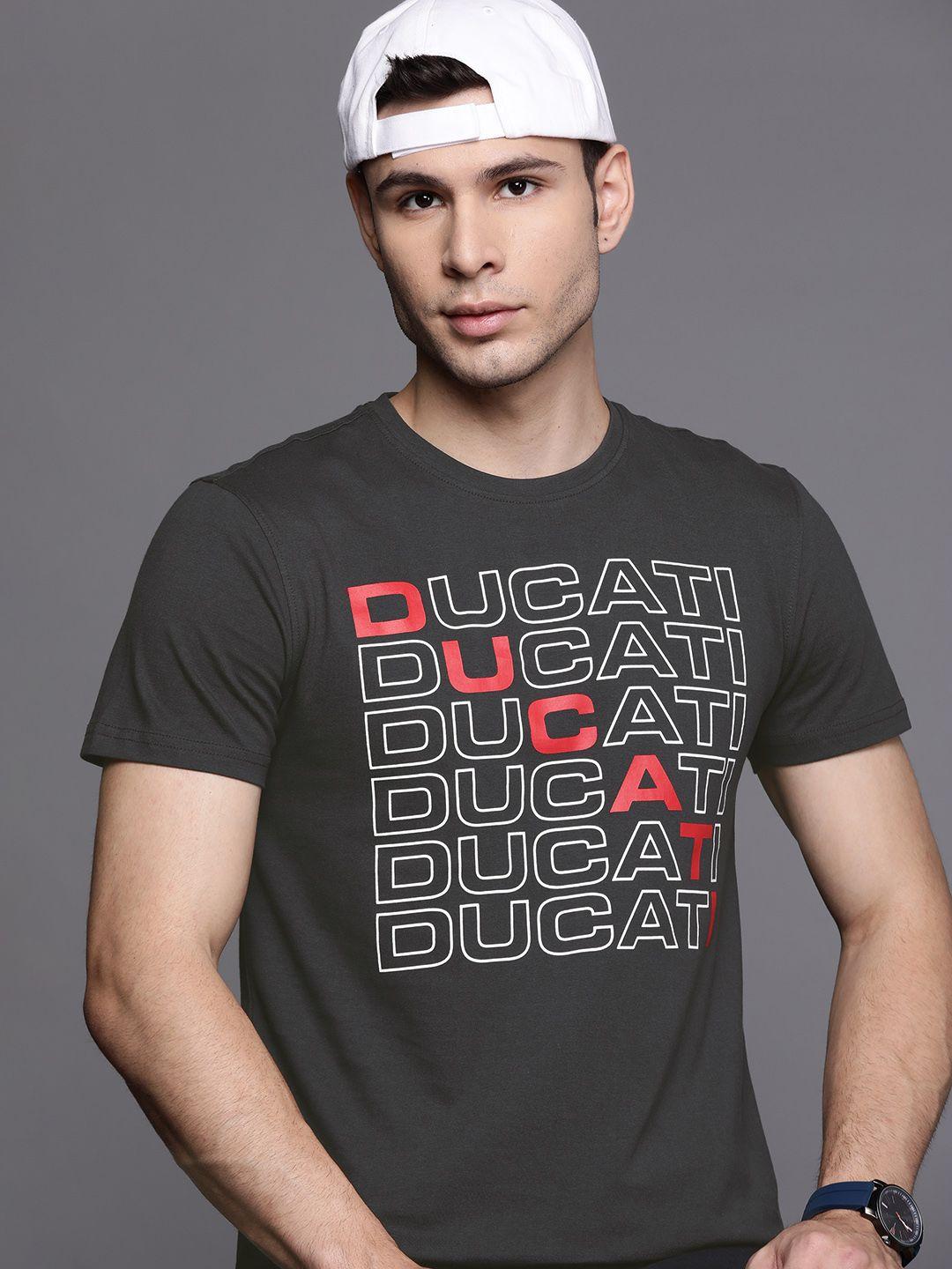 ducati men charcoal & red brand logo printed pure cotton t-shirt