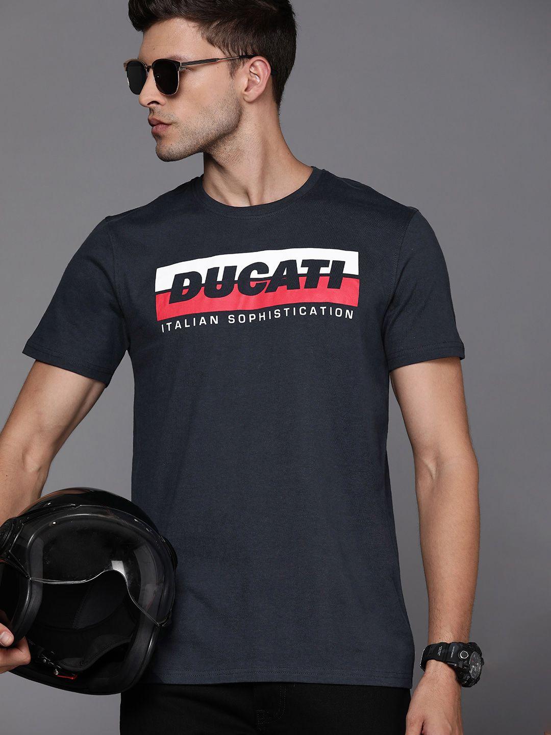 ducati men navy blue & red brand logo printed pure cotton t-shirt