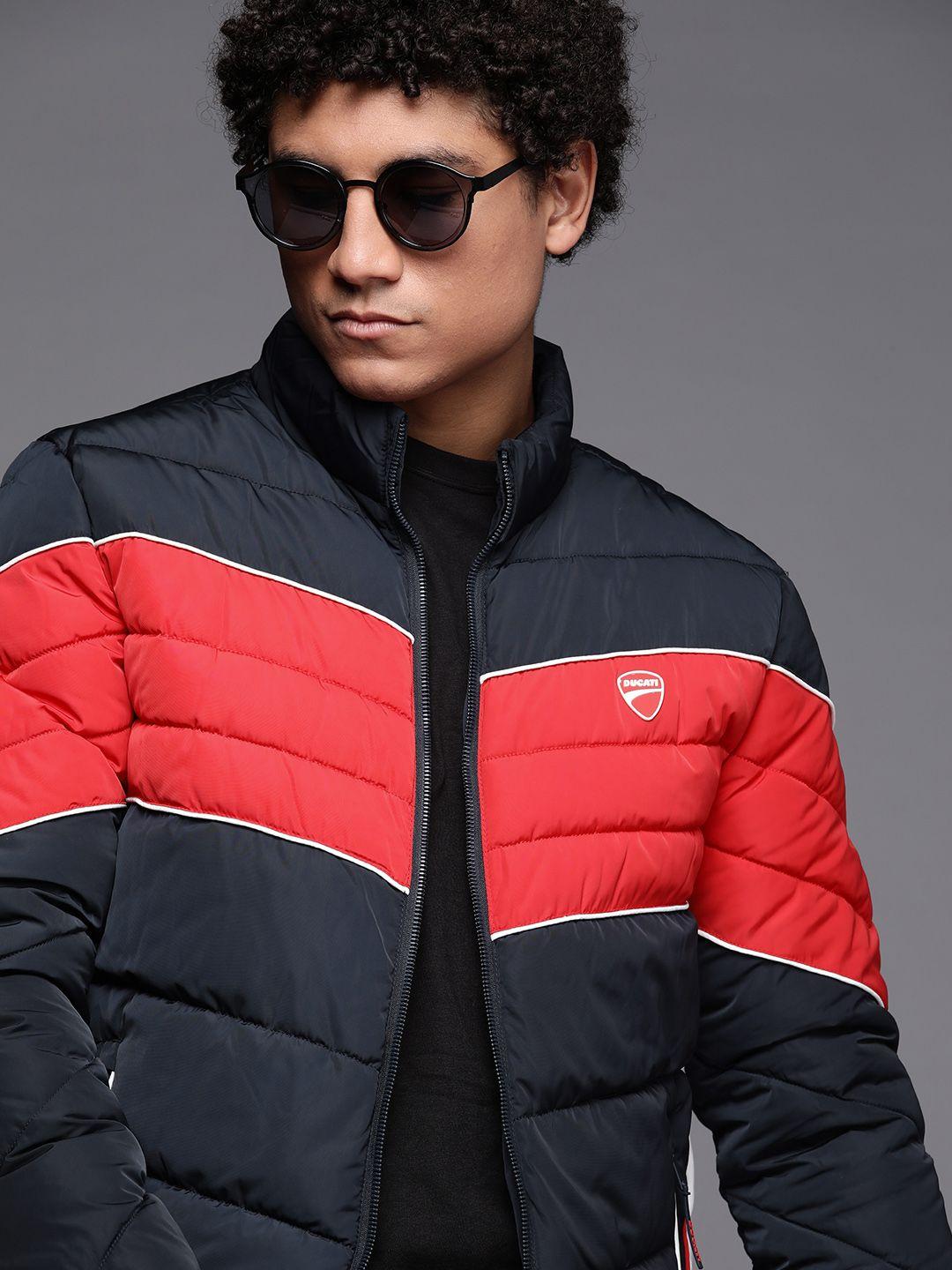 ducati men navy blue & red colourblocked padded jacket