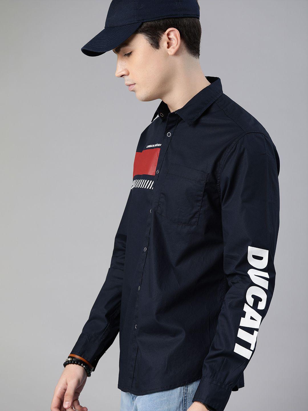 ducati men navy blue & red slim fit printed casual shirt