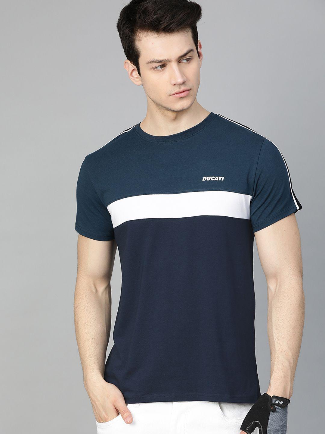 ducati men navy blue & white colourblocked round neck t-shirt