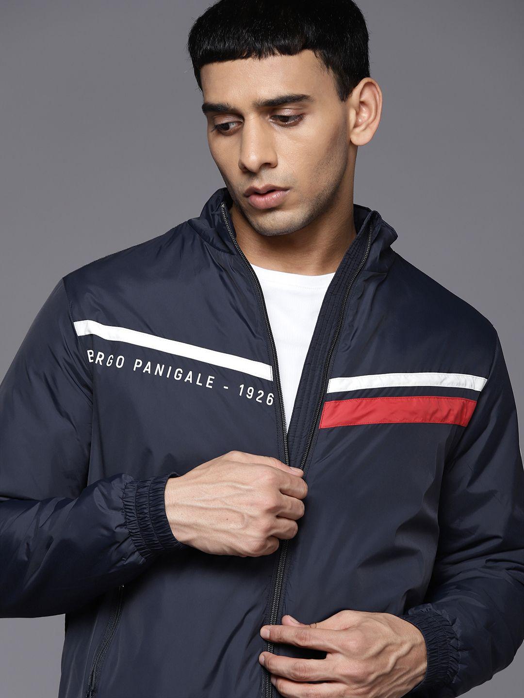 ducati men navy blue & white striped padded jacket