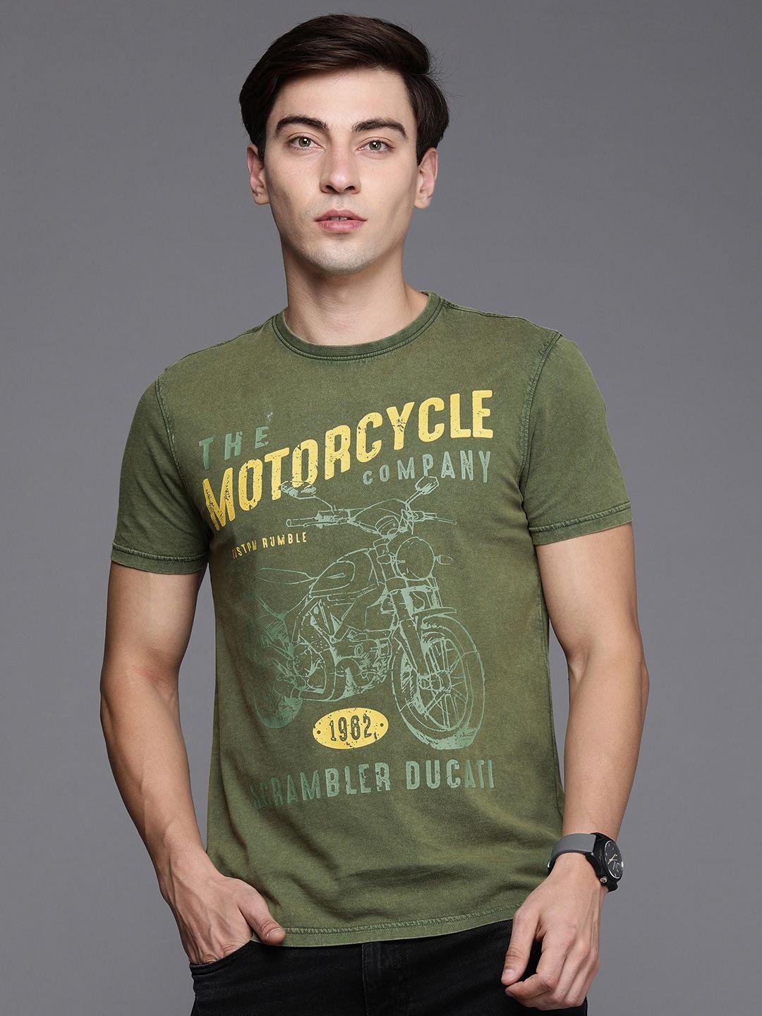 ducati men olive green & yellow biker printed pure cotton t-shirt