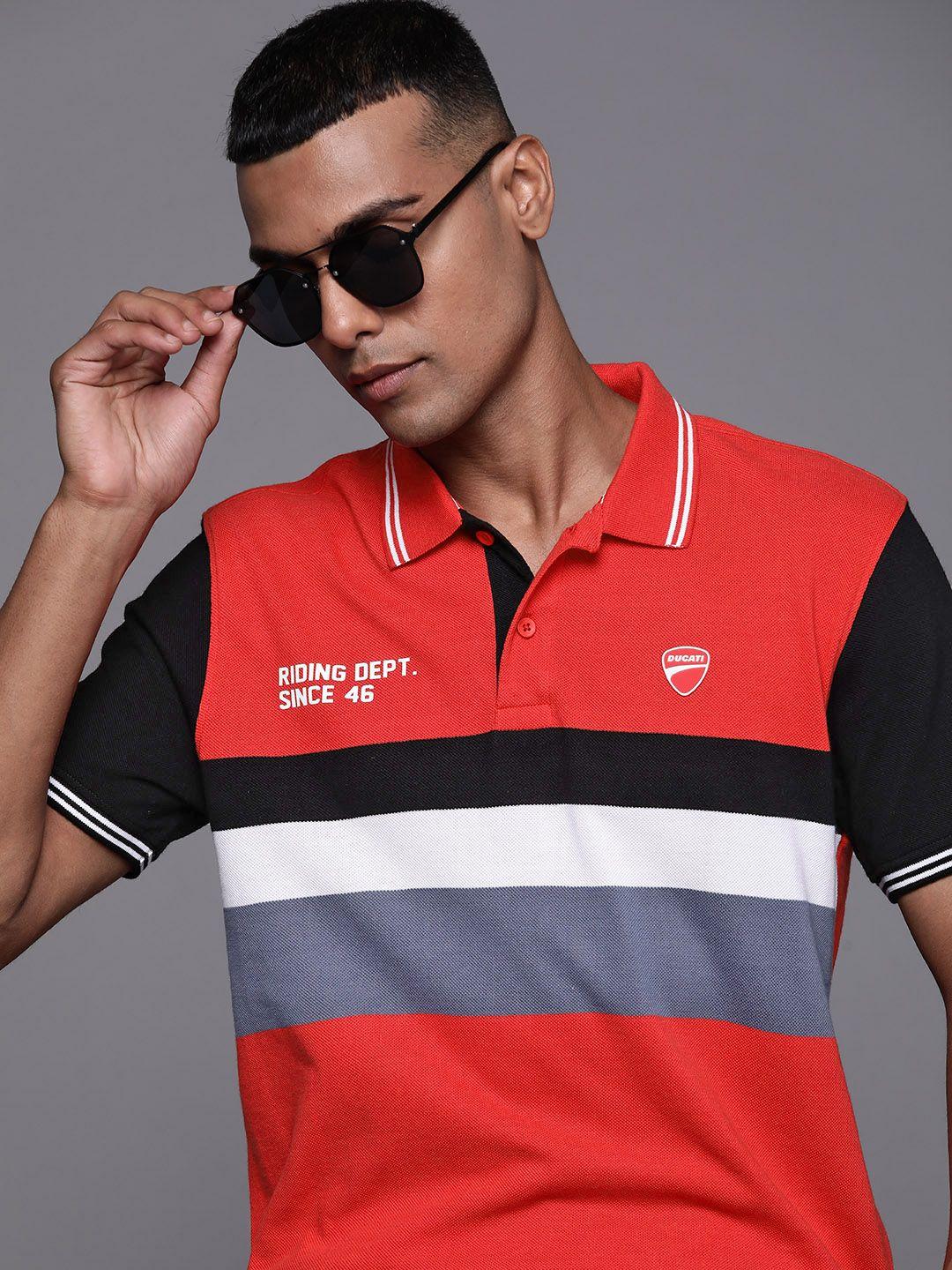 ducati men red & white pure cotton striped polo collar t-shirt