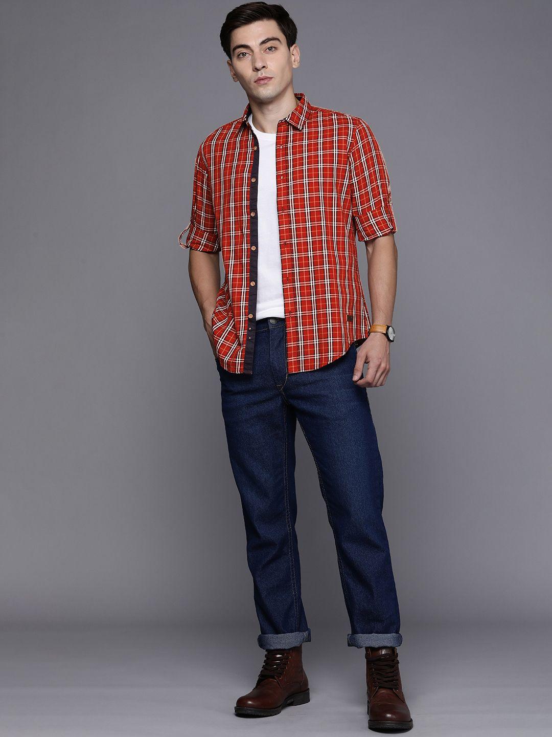 ducati men red tartan checks checked pure cotton casual shirt