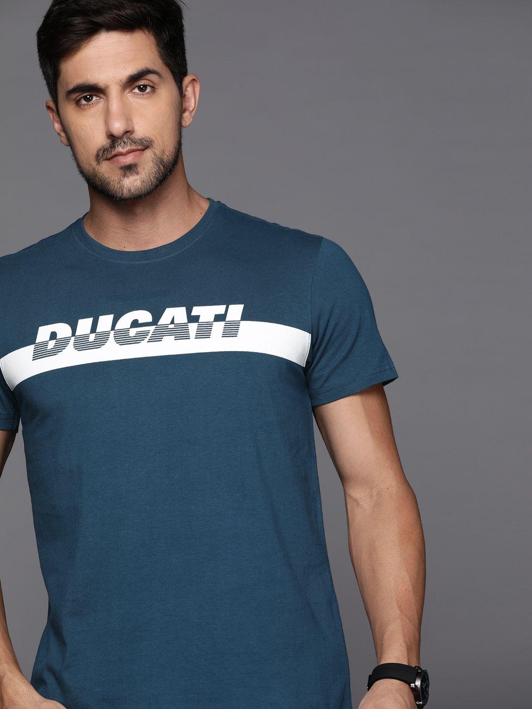 ducati men teal blue & white brand logo printed pure cotton t-shirt