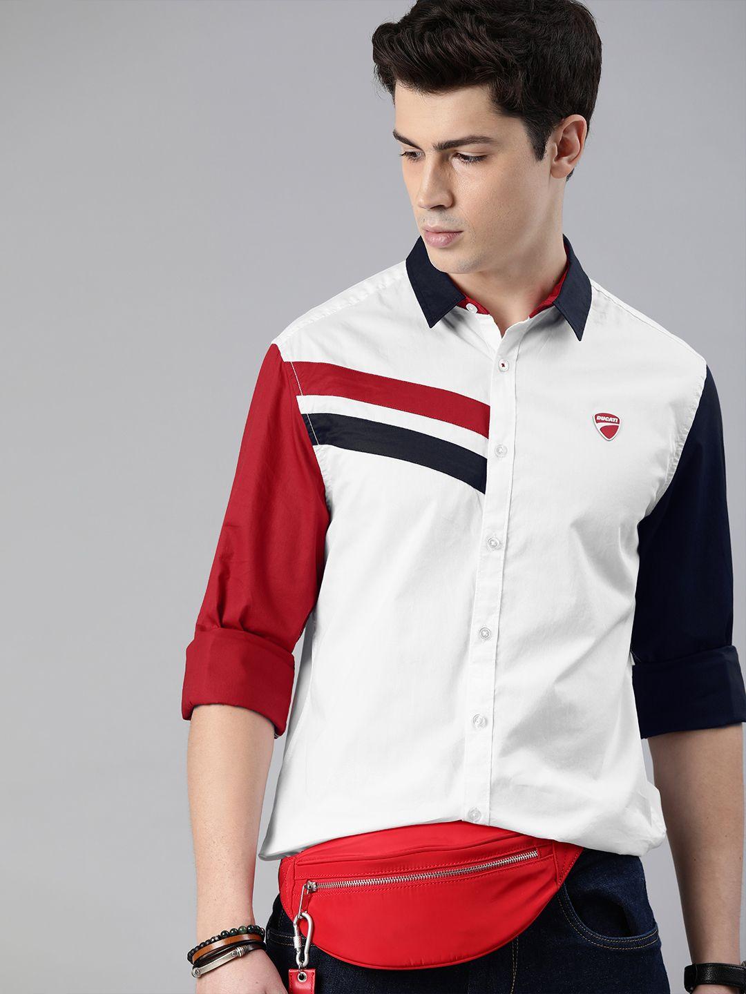 ducati men white & red slim fit striped casual shirt