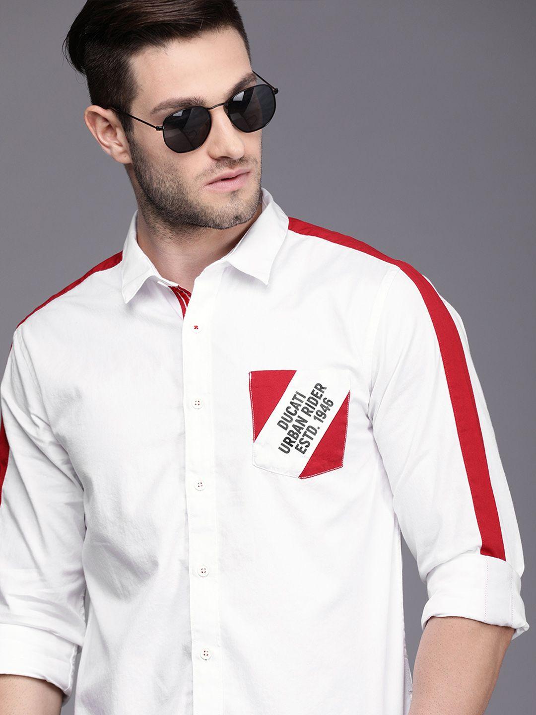 ducati men white solid pure cotton casual shirt with side taping