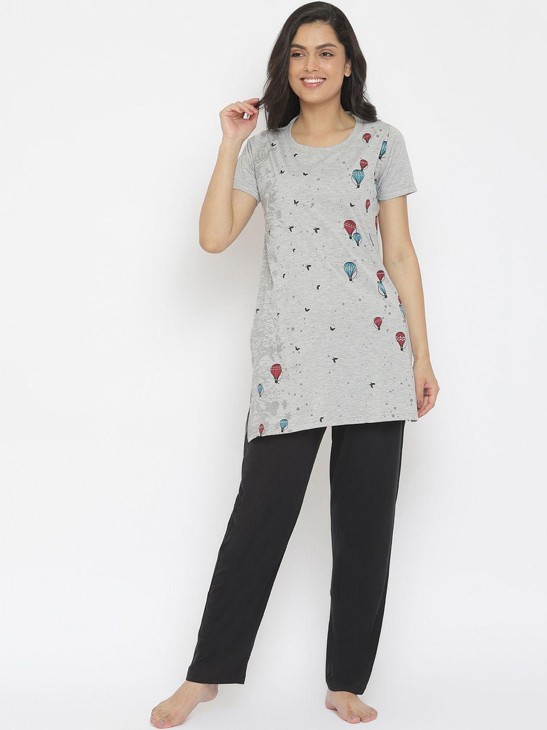 duchess women grey & black printed nightsuit