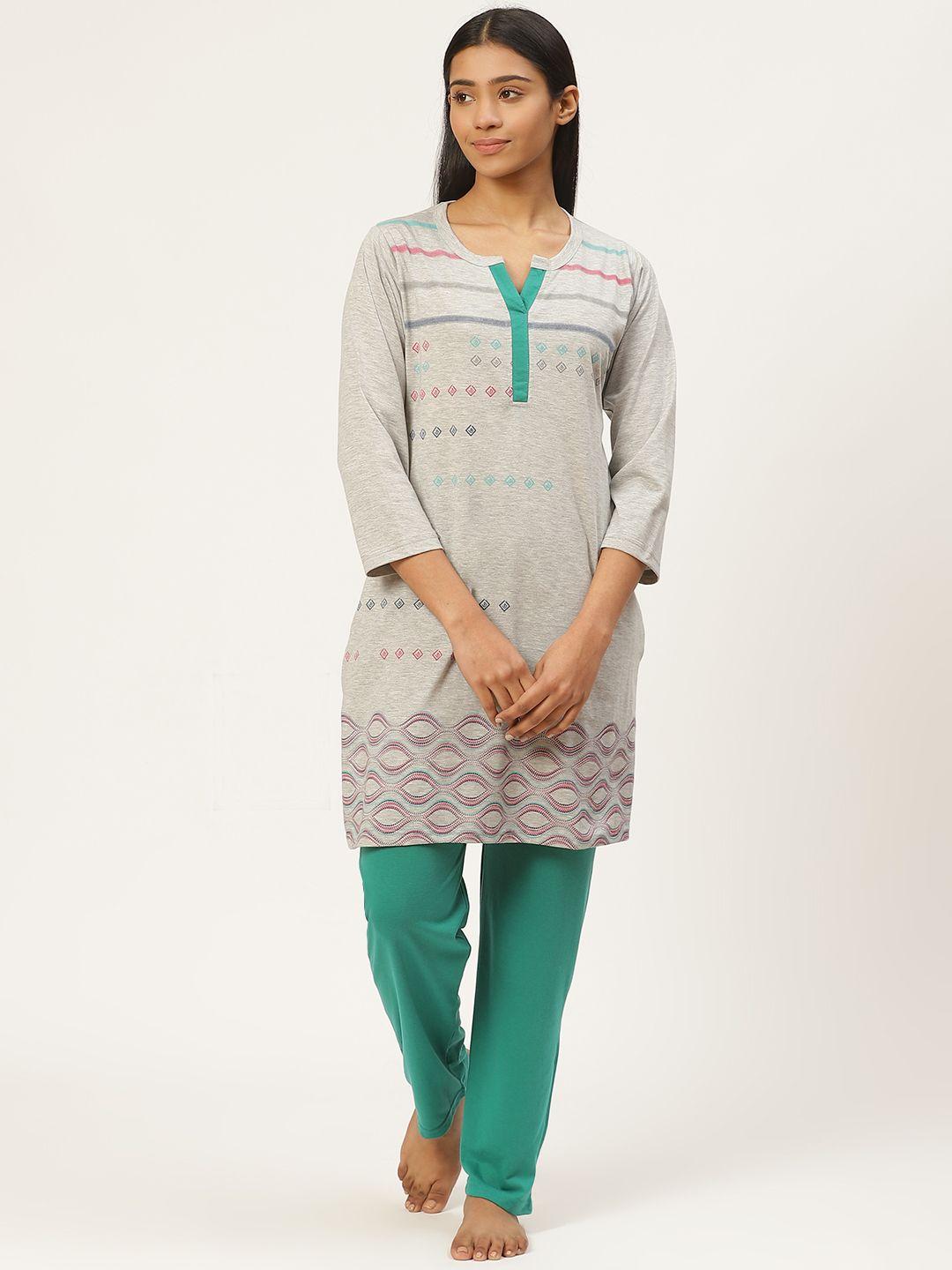 duchess women grey melange & sea green printed night suit