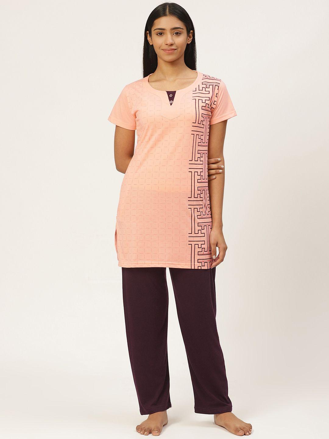 duchess women peach-coloured & aubergine printed night suit