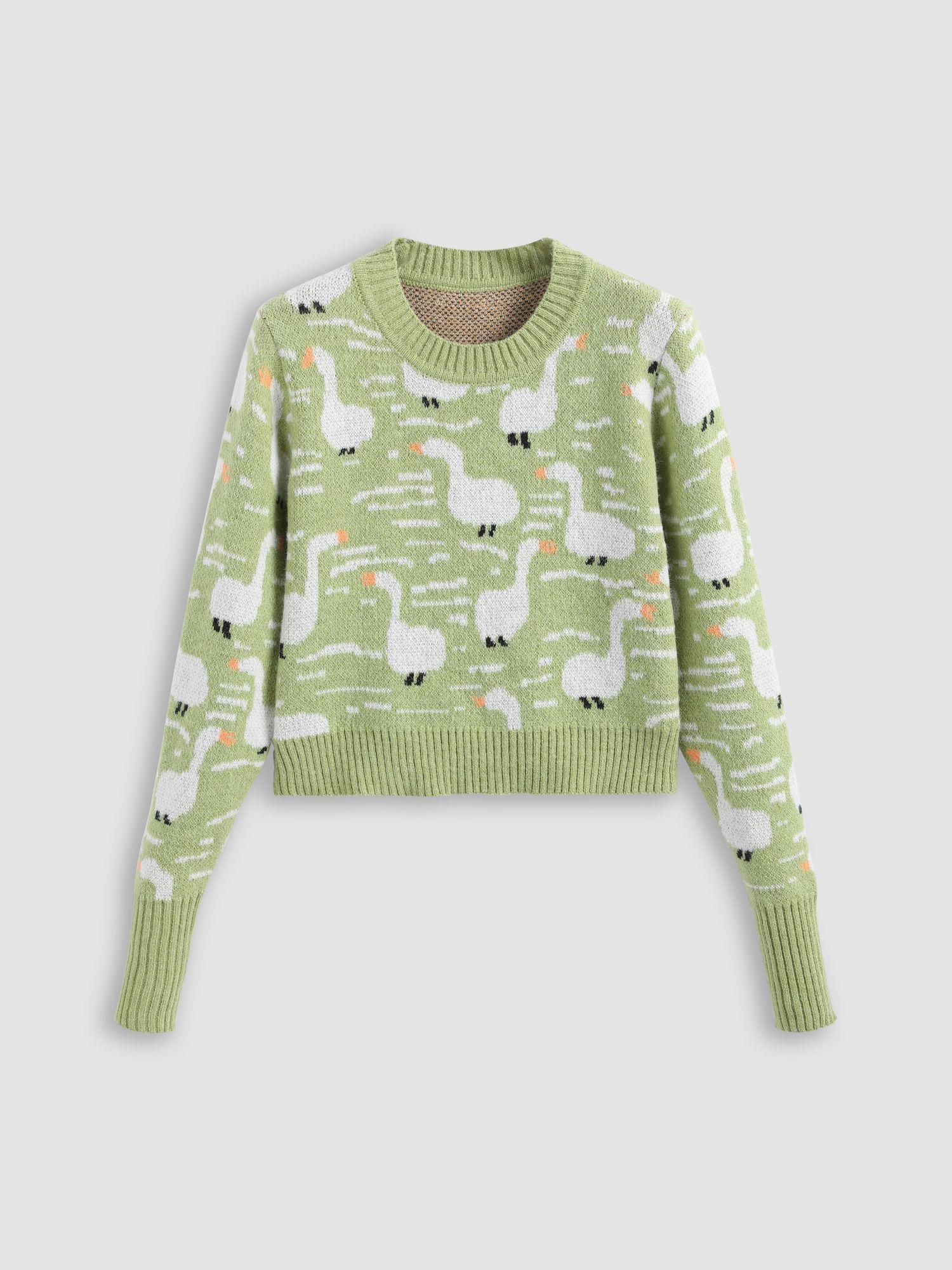 duck pattern round neckline crop sweater