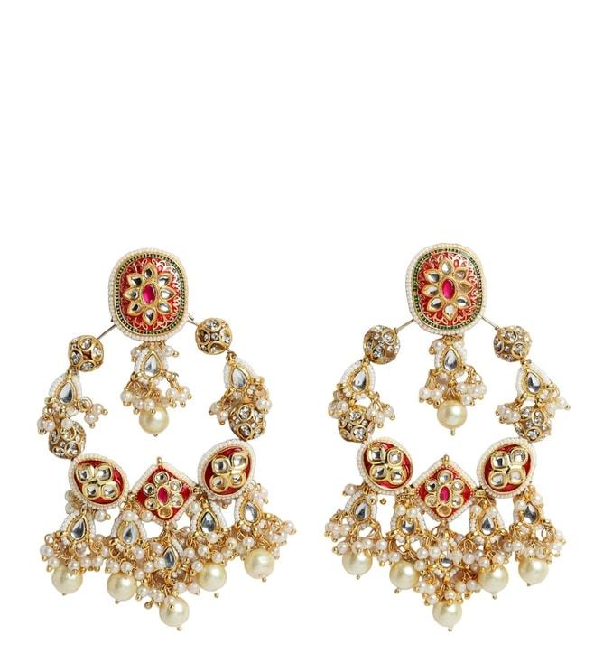 dugri styles red & white chand bala earring with kundan & pearls