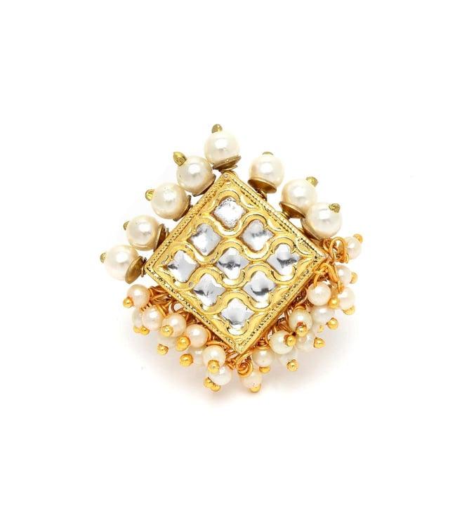 dugri styles gold & white adjustable ring with kundan & pearls