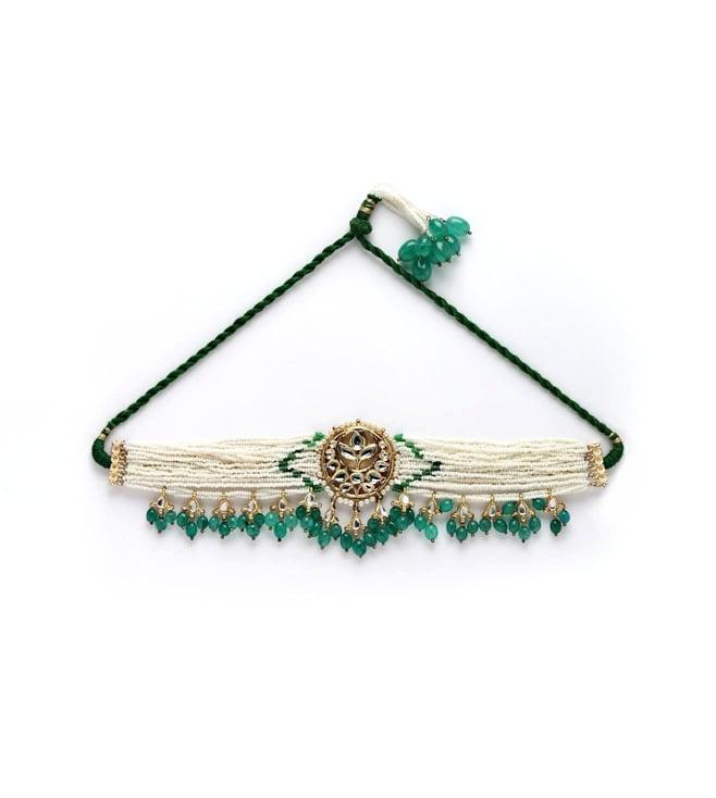 dugri styles green & gold chokar necklace with kundan & pearls