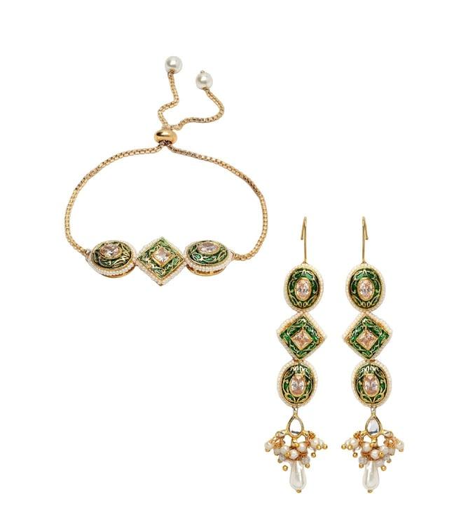 dugri styles green & white bracelet with earring jewellery set with kundan & pearls