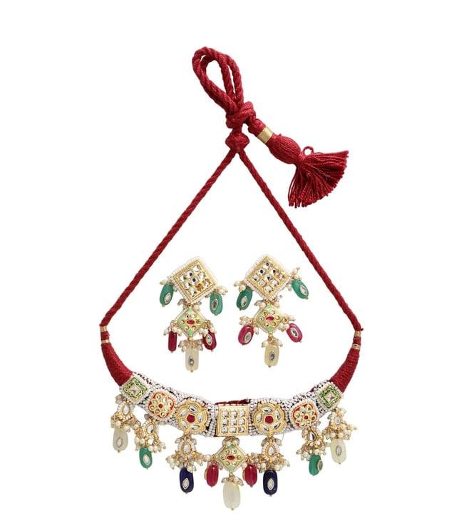 dugri styles red & green necklace with earring jewellery set with kundan & pearls