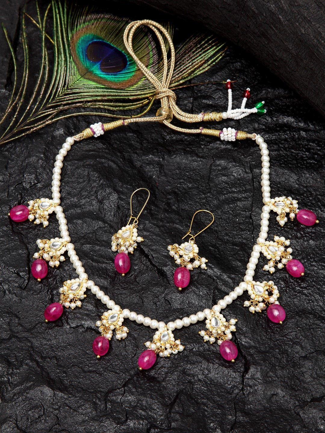 dugristyle gold-plated & white kundan-studded & pearl beaded handcrafted jewellery set