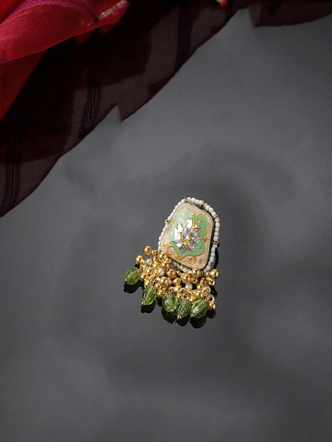 dugristyle gold-plated beads & kundan studded adjustable finger ring