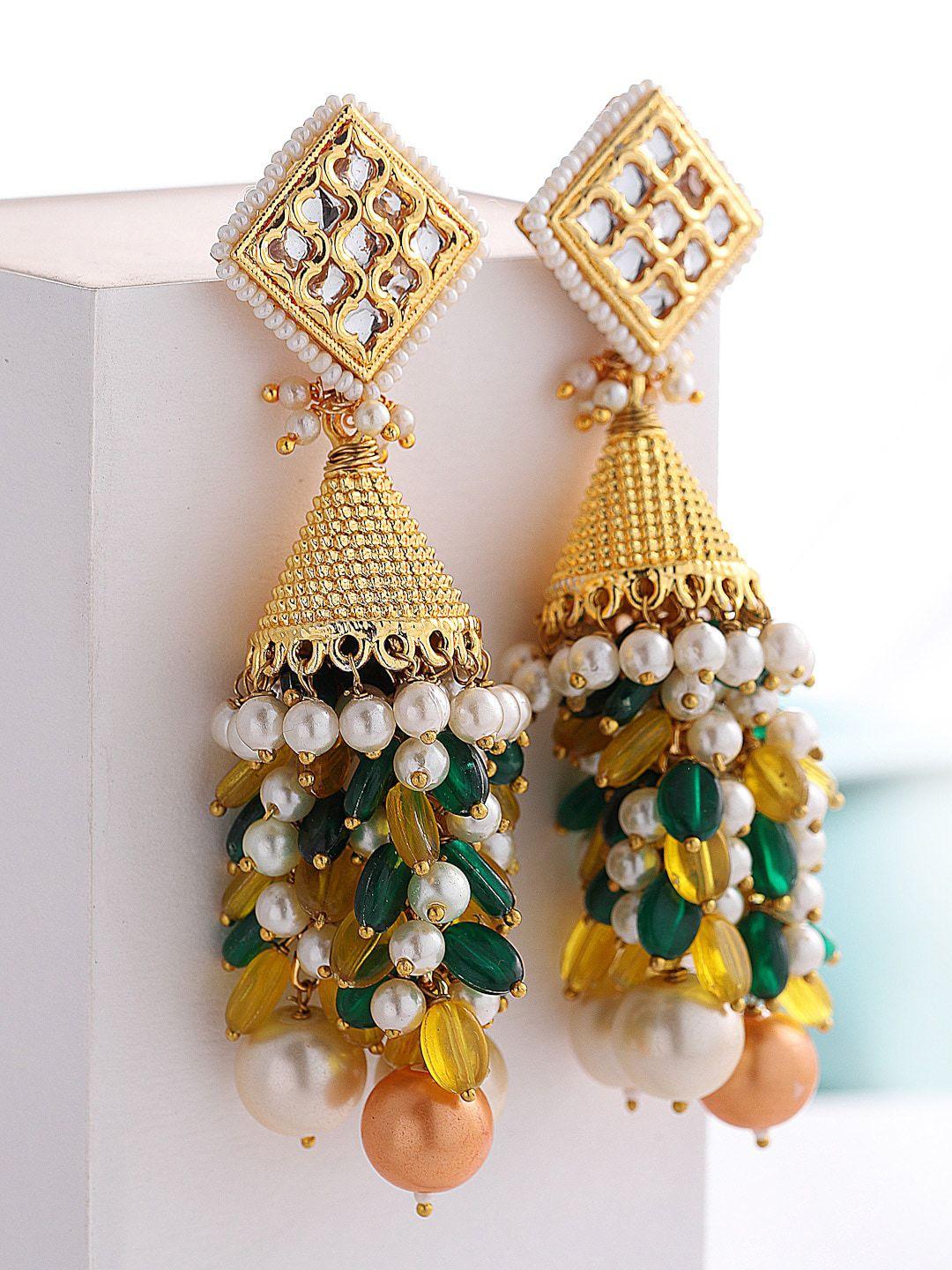 dugristyle gold-plated green stones & kundan studded jhumkas earrings
