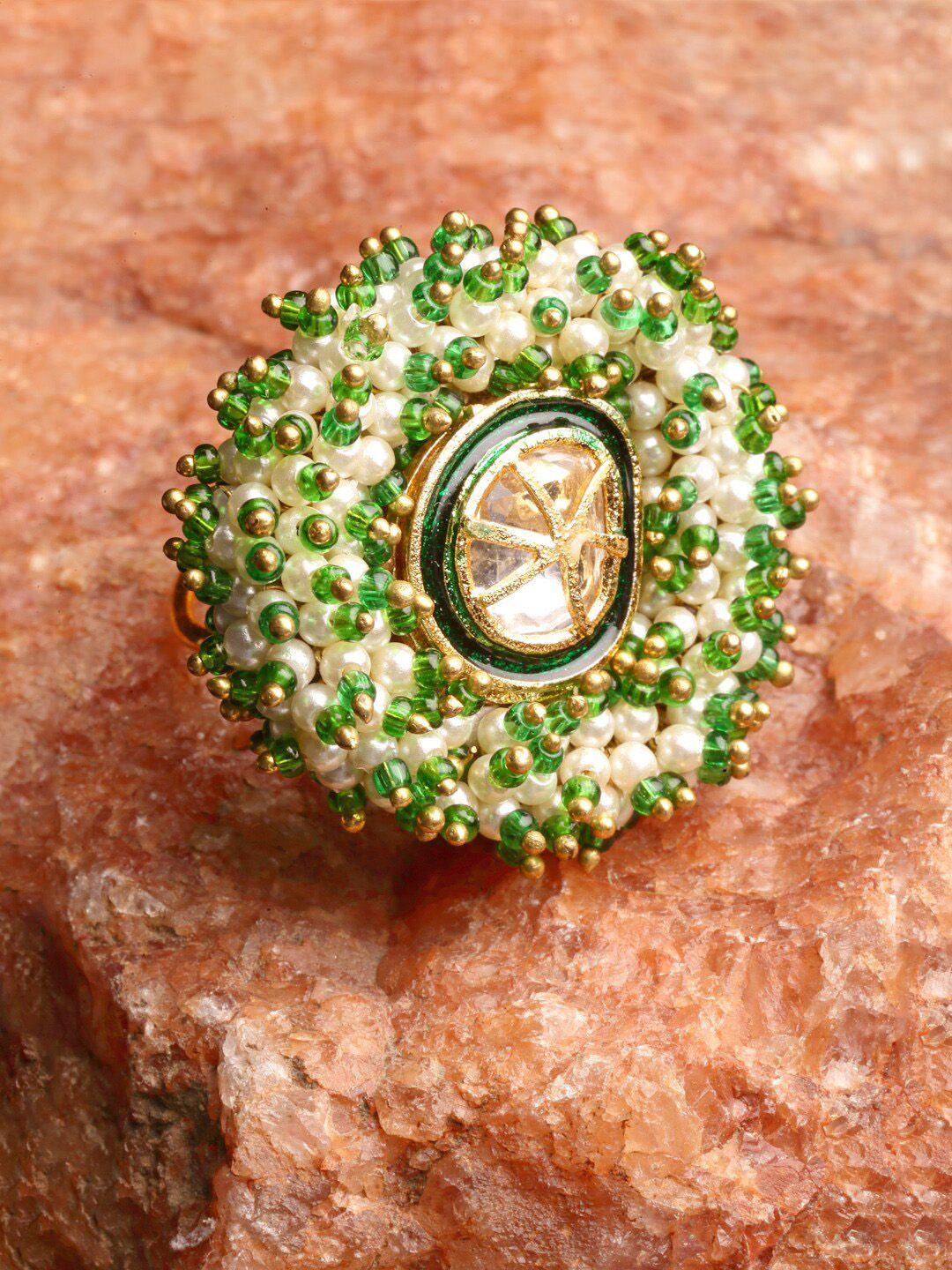 dugristyle gold-plated kundan-studded & pearl beaded adjustable finger ring