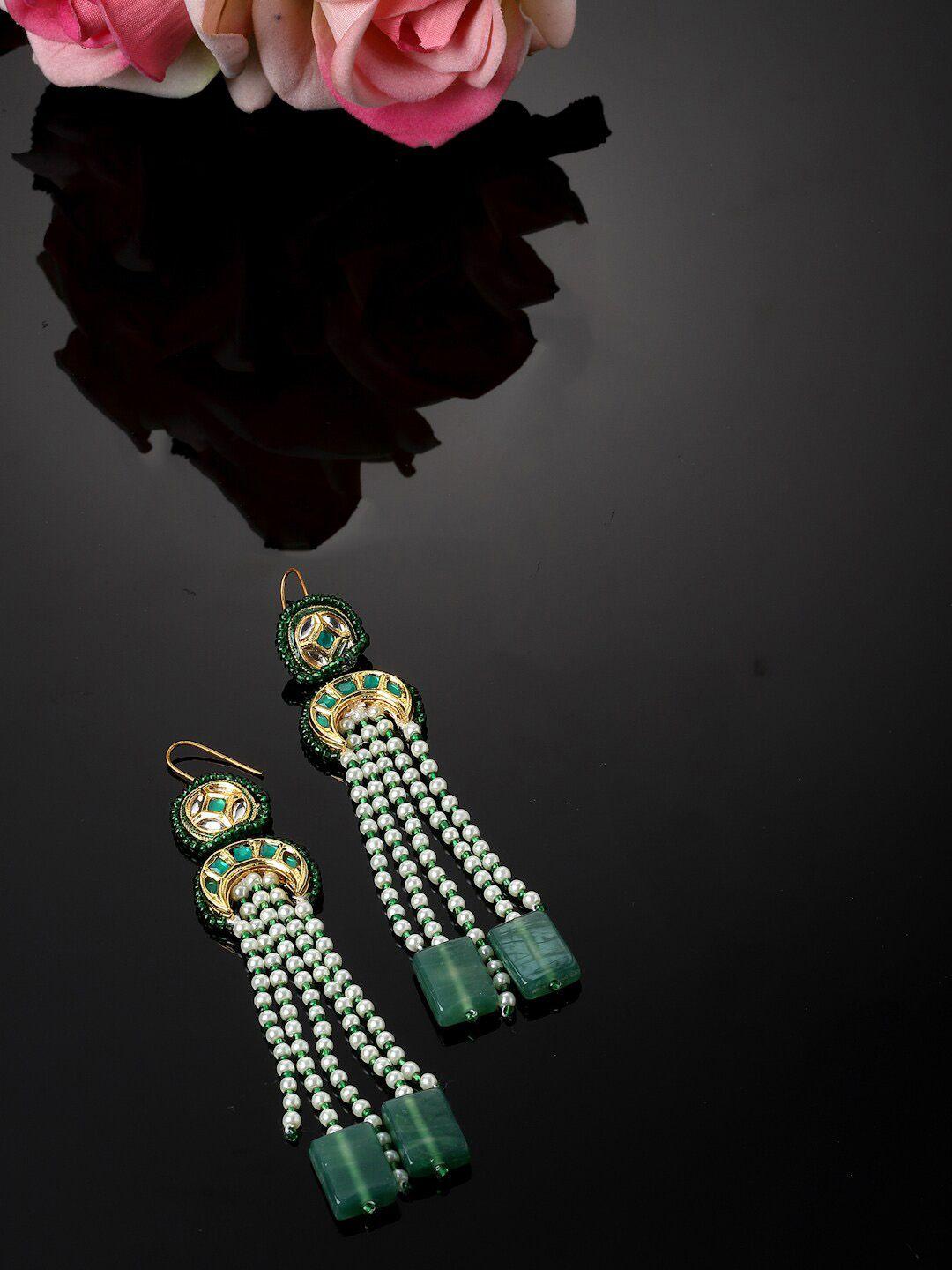 dugristyle gold-plated kundan-studded & pearl beaded drop earrings