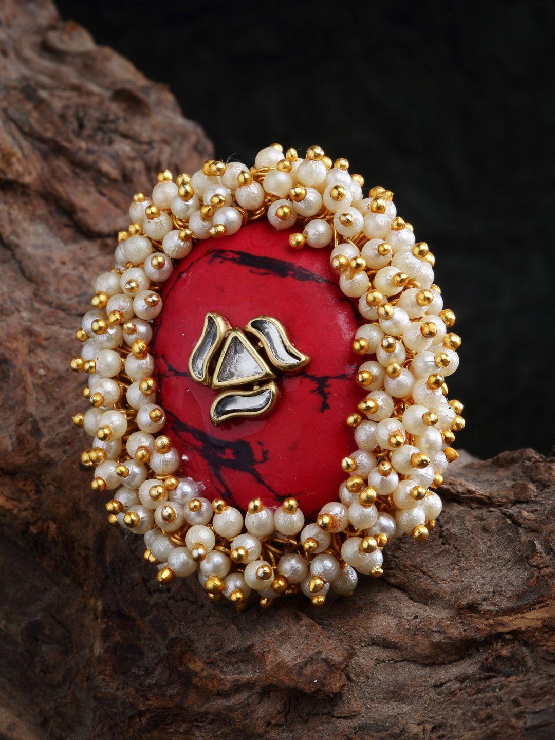 dugristyle gold-plated red kundan stone studded finger ring