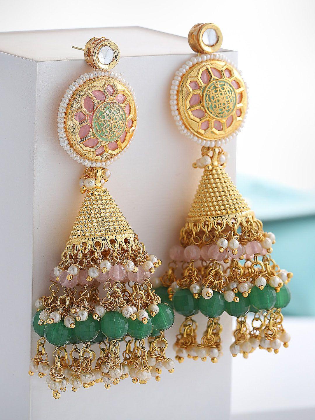 dugristyle pink & green dome shaped gold-plated jhumkas earrings