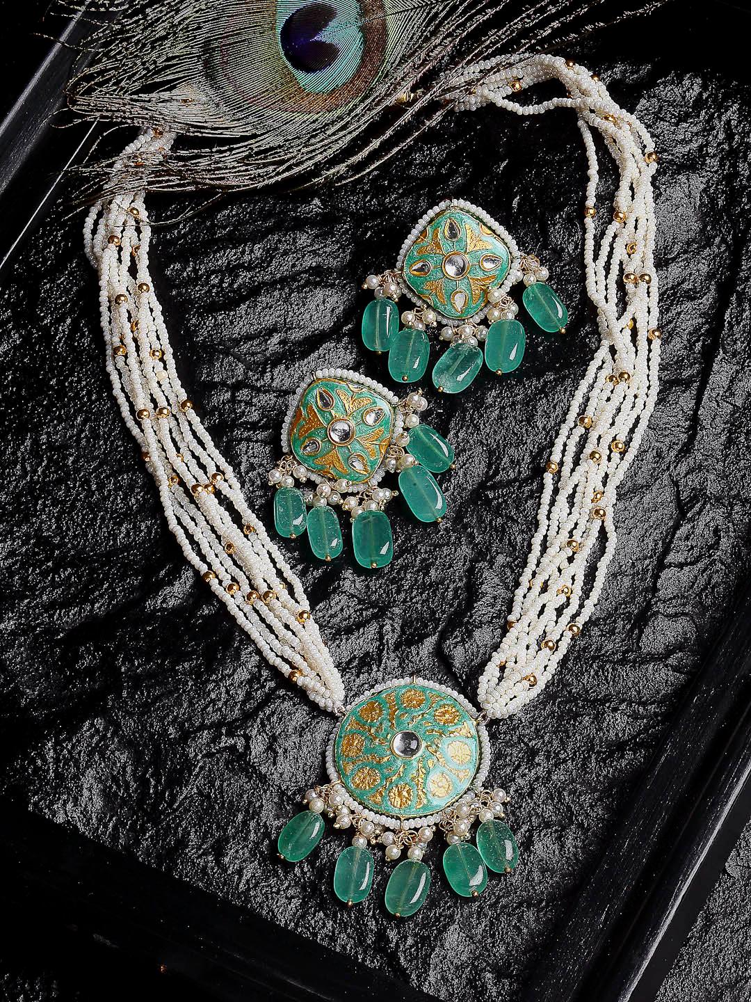 dugristyle women gold-plated white & green enamelled meenakari beaded pearls and natural stone-studded jewellery set