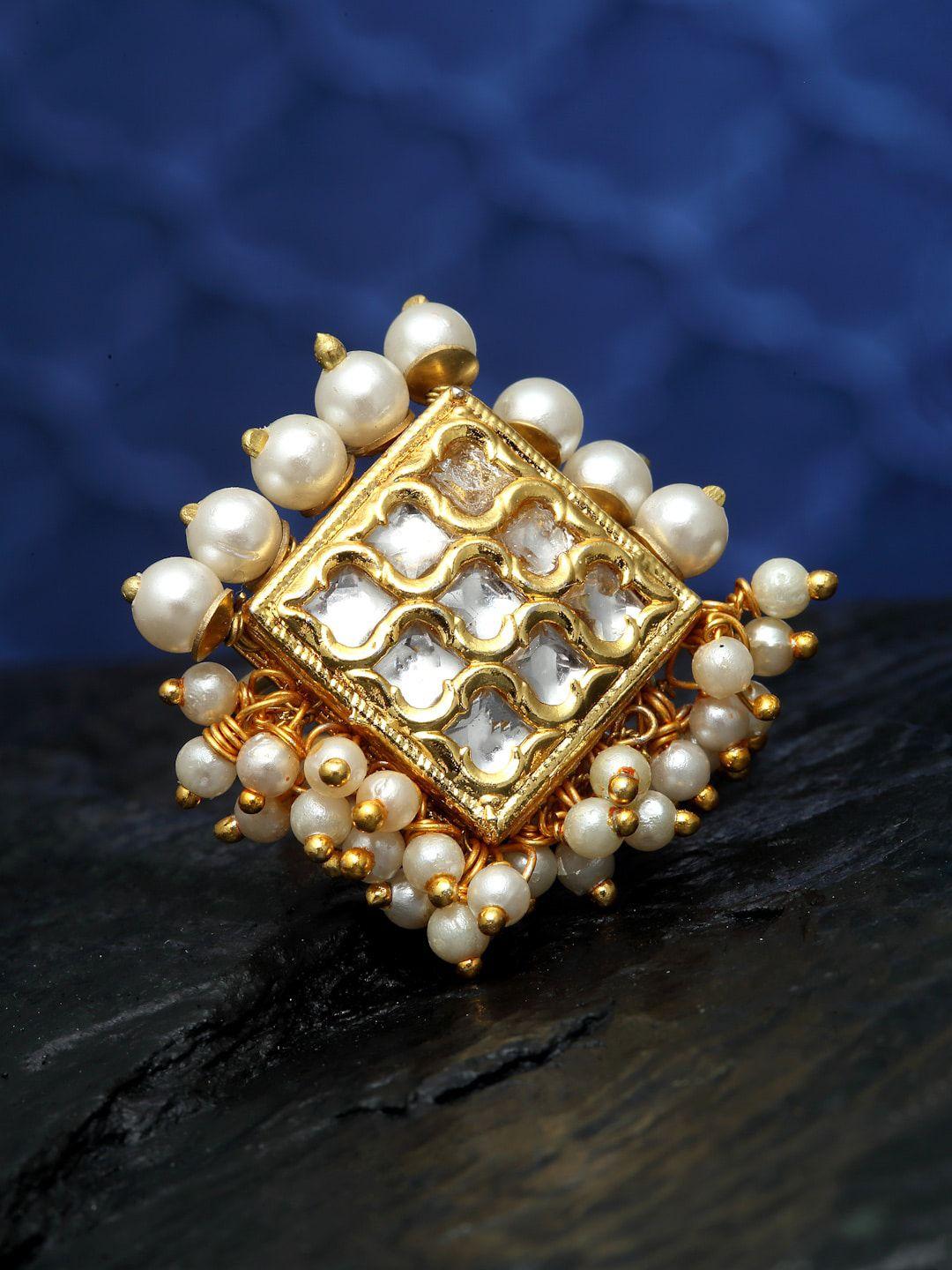 dugristyle women gold-plated white kundan & pearl studded ring