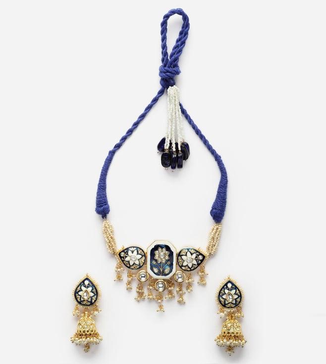 dugristyle blue & cream necklace with earring jewellery set with kundan & pearls