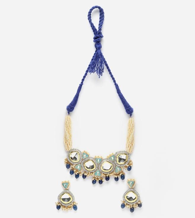 dugristyle blue & green necklace with earring jewellery set with kundan & american diamonds