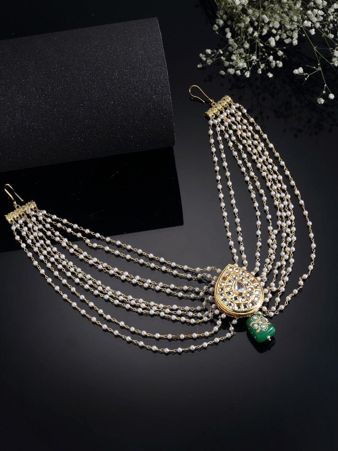 dugristyle gold-plated green & white kundan studded & pearl beaded head chain